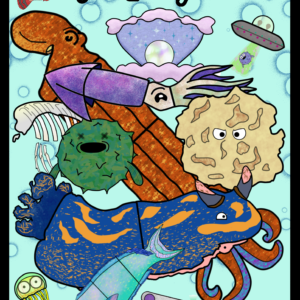 Several of the See Creatures characters against an aqua background with a black border.