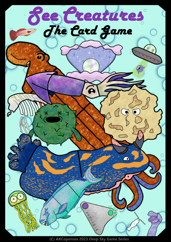 Several of the See Creatures characters against an aqua background with a black border.